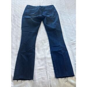 cabi dark blue distressed slim jean, stretch fabric, raw hem, size 2